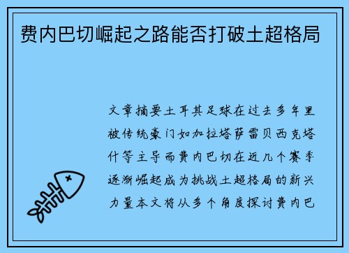 费内巴切崛起之路能否打破土超格局